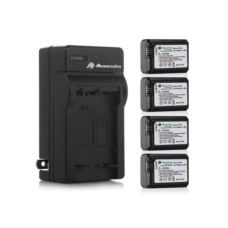 [Australia - AusPower] - Powerextra Battery (4-Pack) and Charger for Sony NP-FW50 Battery and Sony ZV-E10, Alpha a6500, Alpha a6300, Alpha a6000, Alpha a7 II, Alpha a7R II, Alpha a7S II, Alpha a5000, Alpha a5100 Camera 