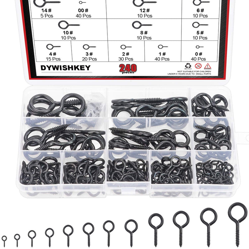 [Australia - AusPower] - 240PCS 12 Sizes Black Zinc Plated Steel Eye Bolts Screw Eyes Assortment Kit 