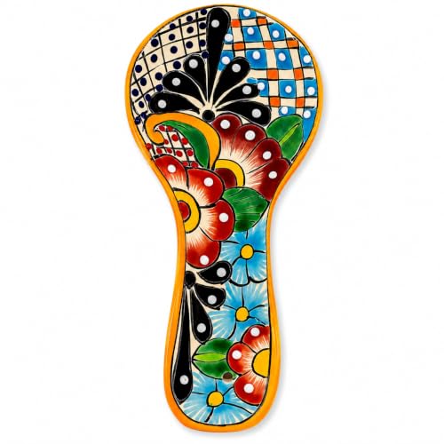 Multicolored Mexican Talavera ceramic spoon rest featuring vibrant patterns, perfect for holding cooking spoons.