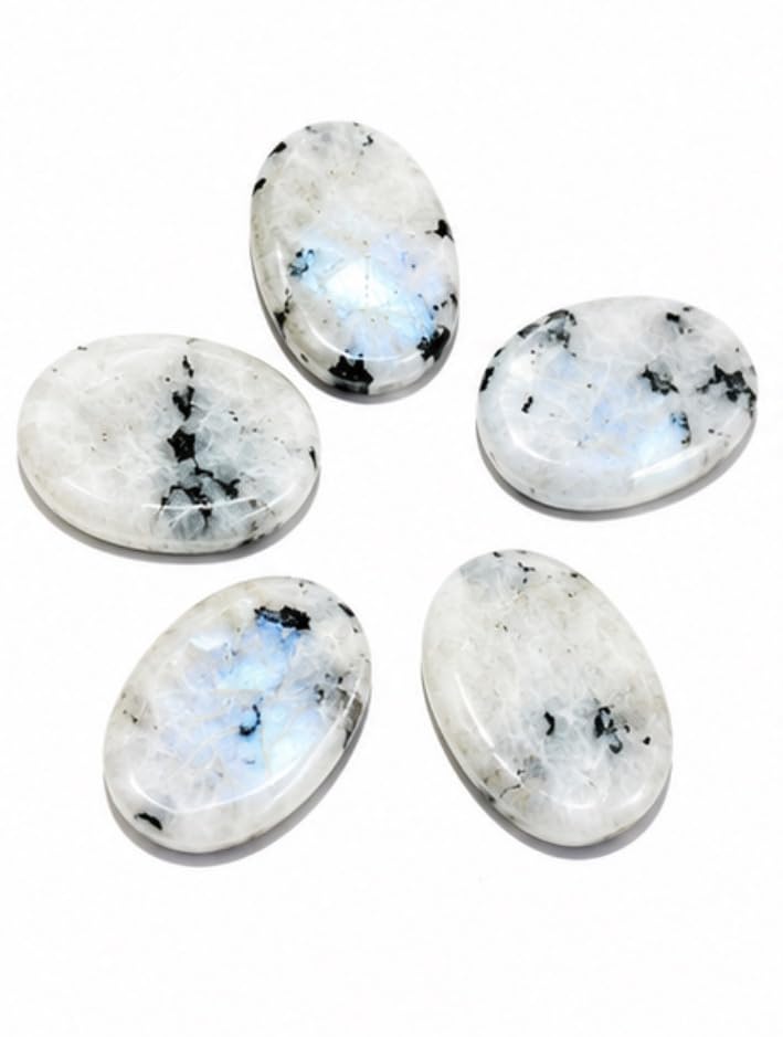 Set of 5 Rainbow Moonstone Worry Thumb Stones Wellness Crystal Healing Positive Energy Palm Stones Meditation Reiki White Black