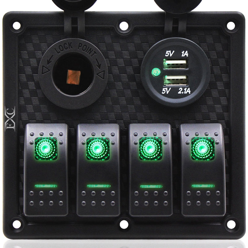 FXC Waterproof Marine Boat Rocker Switch Panel 4 Gang with Dual USB Slot Socket + Cigarette Lighter LED Light for Car Rv Vehicles Truck (4 Gang Green Light)