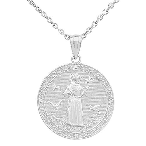 Saint Collection .925 Sterling Silver Cubic Zirconia St Francis of Assisi Medal Pendant - Choose Pendant Only or Necklace with 16”-22” Chain 18.0 Inches