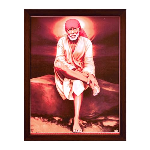 Handicraft Store SANVIKA Sai Baba Poster Frame Wall Decor, Sai Baba Photo Art Frame For Living Room Decor, Hindu Decor For Home Office, Pooja Room- 12" x 9" (Sai Baba Sitting On Rock)