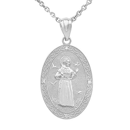 Sterling Silver Saint Francis Of Assisi CZ Oval Medal Charm Necklace (Medium) 18.0 Inches