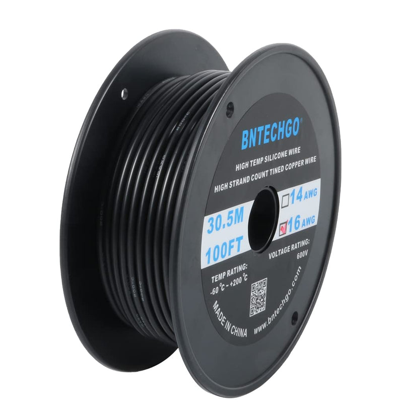 BNTECHGO 16 Gauge Silicone Wire Spool 100 ft Black Flexible 16 AWG Stranded Tinned Copper Wire silicone wire 100ft silicone wire black