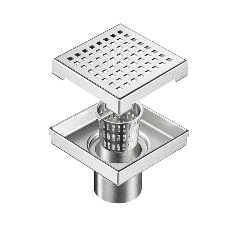 Neodrain Square Shower Drain with Removable Quadrato Pattern Grate, Brushed 304 Stainless Steel Square Drain for Bathroom, with Hair Strainer and Lifting Hook,CUPC Certified (Brushed Nickel, 4 in)