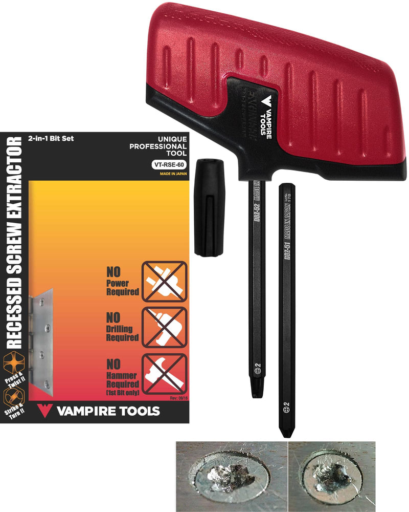 VAMPLIERS Recessed Screw Extractor, Phillips Screw Head 2 Bit Set. Made in Japan. Specially Designed to Remove Damaged/Stripped Countersunk Flathead Screws. High Torque Handle Grip.
