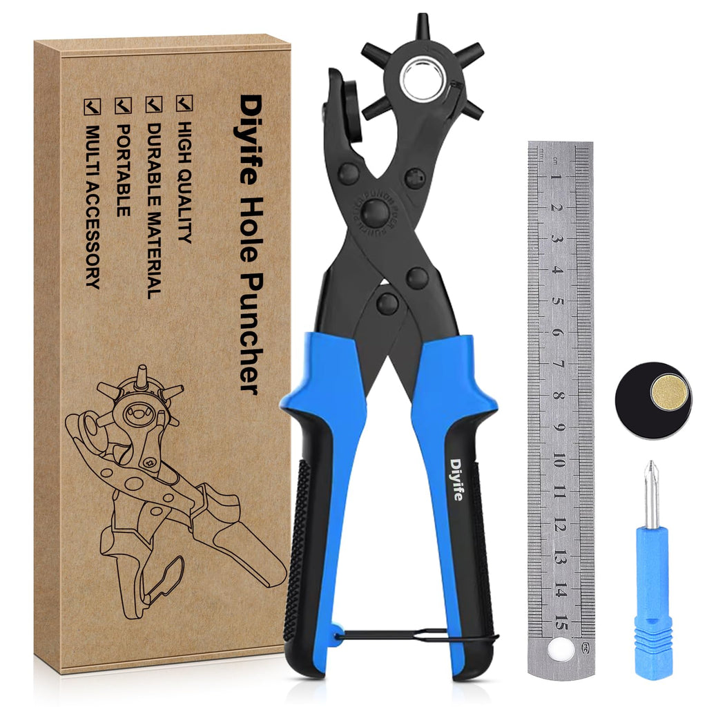 Diyife® Professional Leather Hole Puncher, Full Set Punch Tool kits for Belt, Watch Band, Shoe, Crafting, Handbag Straps, Fabric, with Extra Punch Plates and Ruler, Multi Hole Sizes Make - Blue