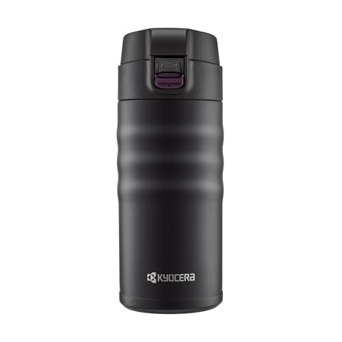 KYOCERA Wide Ceramic Interior Travel Mug-Fits Most Cup Holders, Spill-Proof Black 12 Ounces