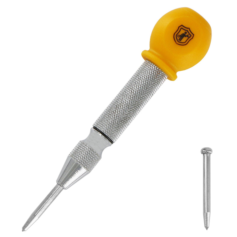 [Australia - AusPower] - MulWark 5" Spring-Loaded Automatic Steel Center Hole Punch Marker Scriber For Wood, Metal, Plastic, Car Window Puncher Breaker Tool-With Palm Cushion Cap, Adjustable Impact-A Replacement Tip Included 5" Center Punch 
