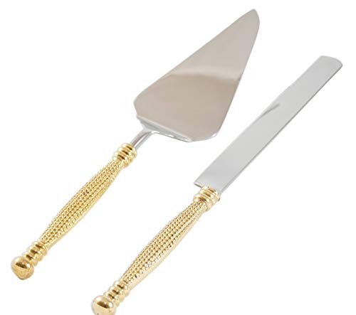 Server Set, Cake, Pie, Desert Flatware Set, String of Beads Design, 2-piece 18/10 Stainless steel with brass handles (light antique gold finish)… Beads-Gold