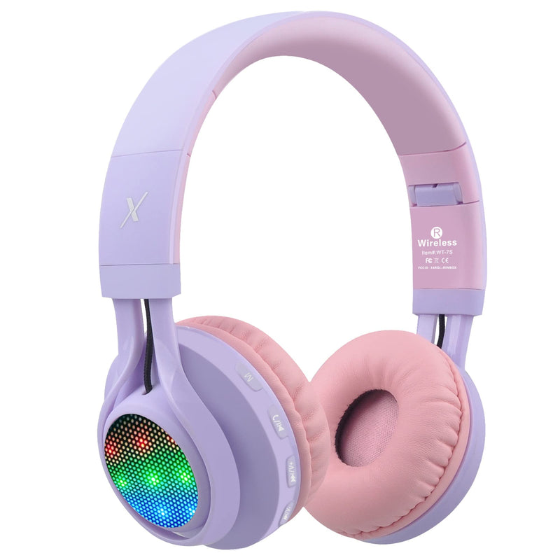 [Australia - AusPower] - Riwbox WT-7S Kids Bluetooth Headphones Light Up, Foldable Stero Wireless Headset with Microphone and Volume Control for PC/Tablet/TV/Travel (Purple) Purple 