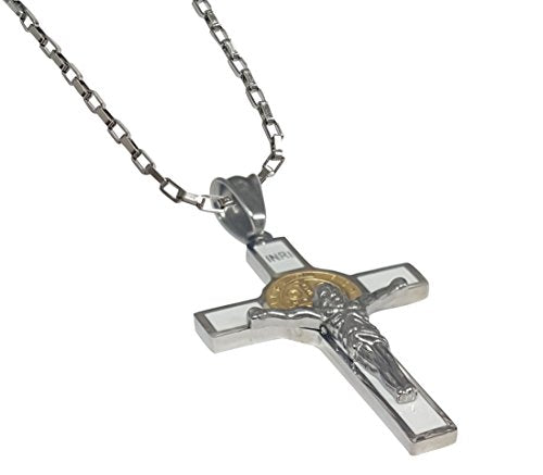 Unique Saint Benedict Crucifix - Two Tone Gold and Silver Color Stainless St Benedict Cross Necklace White