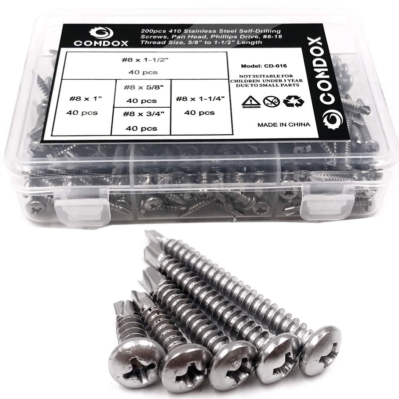 410 Stainless Steel Self Drilling Screws Kit Set, Pan Head Phillips Sheet Metal Tek Screws Assortment Kit, Modified Truss Head, #8-18 Thread Size, 5/8" to 1-1/2" Length (Pack of 200)
