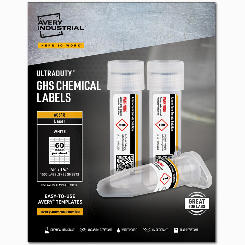 Avery UltraDuty GHS Chemical Labels for Laser Printers, Waterproof, UV Resistant, 0.5 x 1.75, Pack of 1,500 (60518) 1/2" x 1-3/4"