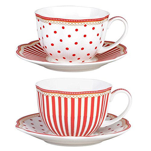 Red Dot Stripes Scallop 9-Ounce Porcelain Tea/Coffee Cup and Saucer, Set of 2 9 Ounces