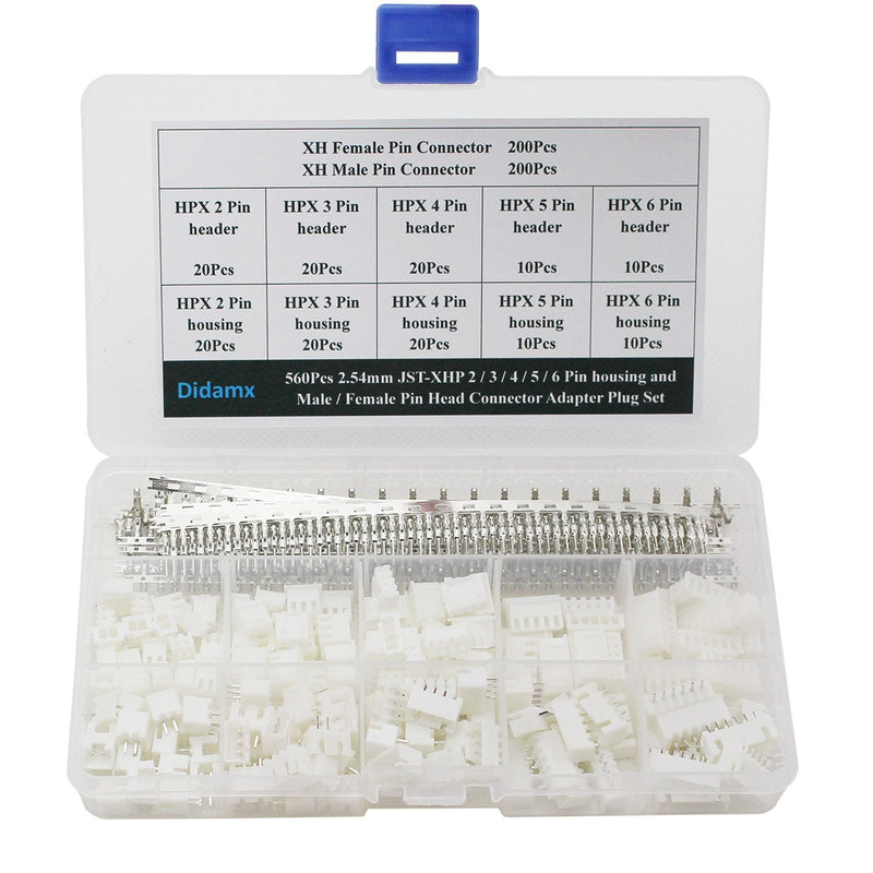 [Australia - AusPower] - Didamx 560Pcs 2.54mm JST-XHP 2/3 / 4/5 / 6 Pin housing and Male/Female Pin Head Connector Adapter Plug Set 