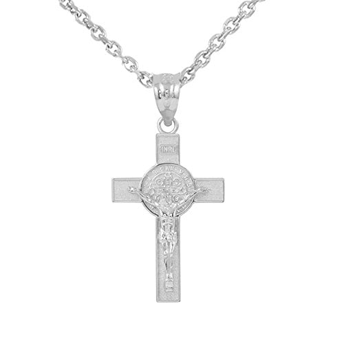 Saint Collection Solid 925 Sterling Silver St. Benedict Crucifix Cross Pendant Necklace (1.30") Pendant + 20" Chain