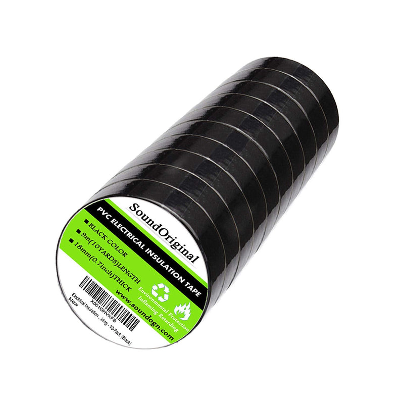 Soundoriginal Black Electrical Tape 10 Pack 3/4-Inch by 30 Feet, Voltage Level 600V Dustproof, Adhesive for General Home Vehicle Auto Car Power Circuit Wiring Black 30Ft Black