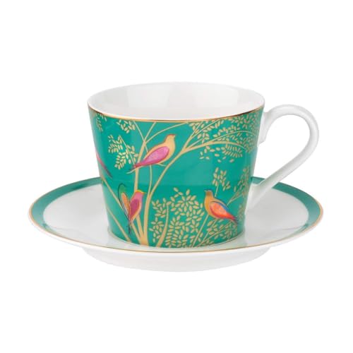 Portmeirion Sara Miller London Chelsea Teacup and Saucer, Green | 8 Oz Cup for Drinking Tea and Coffee | Made from Fine China with Gold Detail | Handwash Only