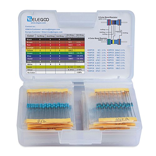 Elegoo 1/4W Metal Film Resistors Assortment Kit, 525 Pieces, 0 Ohm to 10K Ohm | ±1% Tolerance, 17 Values, 0.55mm Pins, 50 Common Values, Color Code Guide, Breadboard Compatible, for DIY & Electronics Projects
