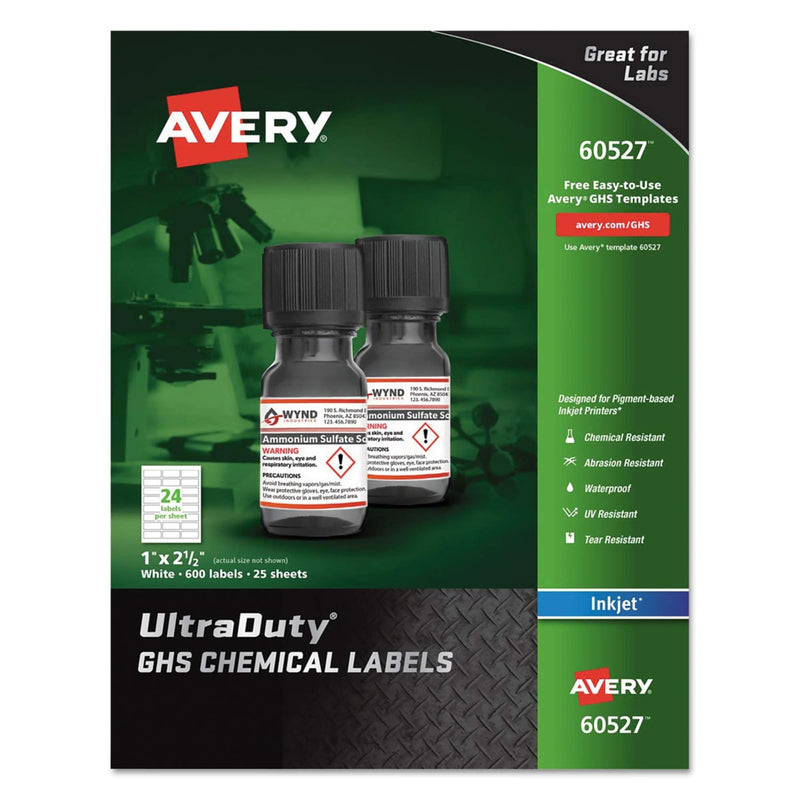 [Australia - AusPower] - Avery UltraDuty GHS Chemical Labels for Pigment Inkjet Printers, Waterproof, UV Resistant, 1x 2.5, Pack of 600 (60527) 1" x 2-1/2" 