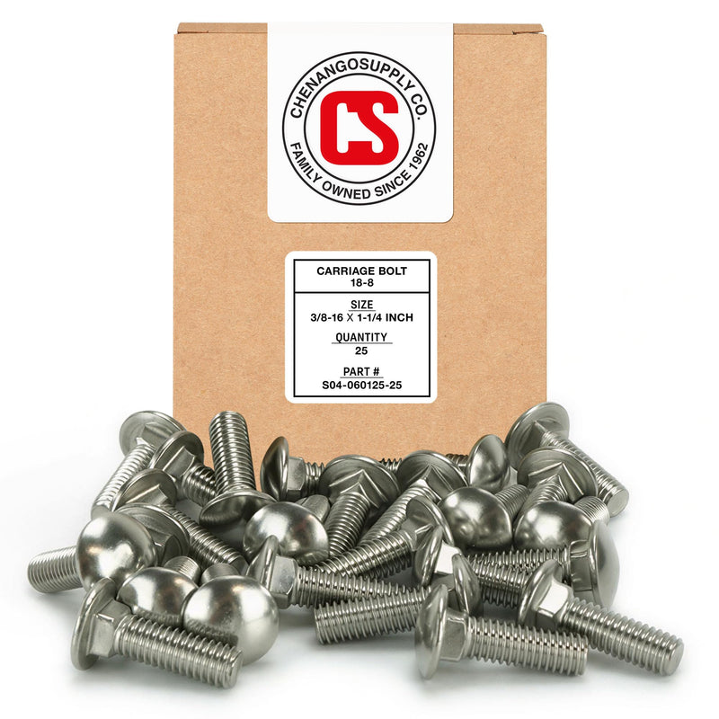 Chenango Supply 3/8-16 x 1-1/4 Inch Stainless Steel Carriage Bolts – 18-8 (300 Series) Stainless, Round Head Square Neck, USS Coarse Thread, Corrosion-Resistant Fasteners (25 Pack, 3/8-16 x 1.25) 3/8-16x1-1/4"(25pcs)