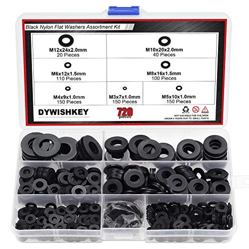 DYWISHKEY black nylon flat washers assortment kit, 720 pieces in 7 sizes from M3 to M12
