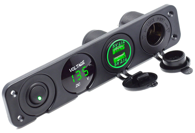Dual USB Socket Charger 2.1A&2.1A + LED Voltmeter + 12V Power Outlet + ON-Off Toggle Switch Four Functions Panel for Car Boat Marine RV Truck Camper Vehicles GPS Mobiles (Green) Green