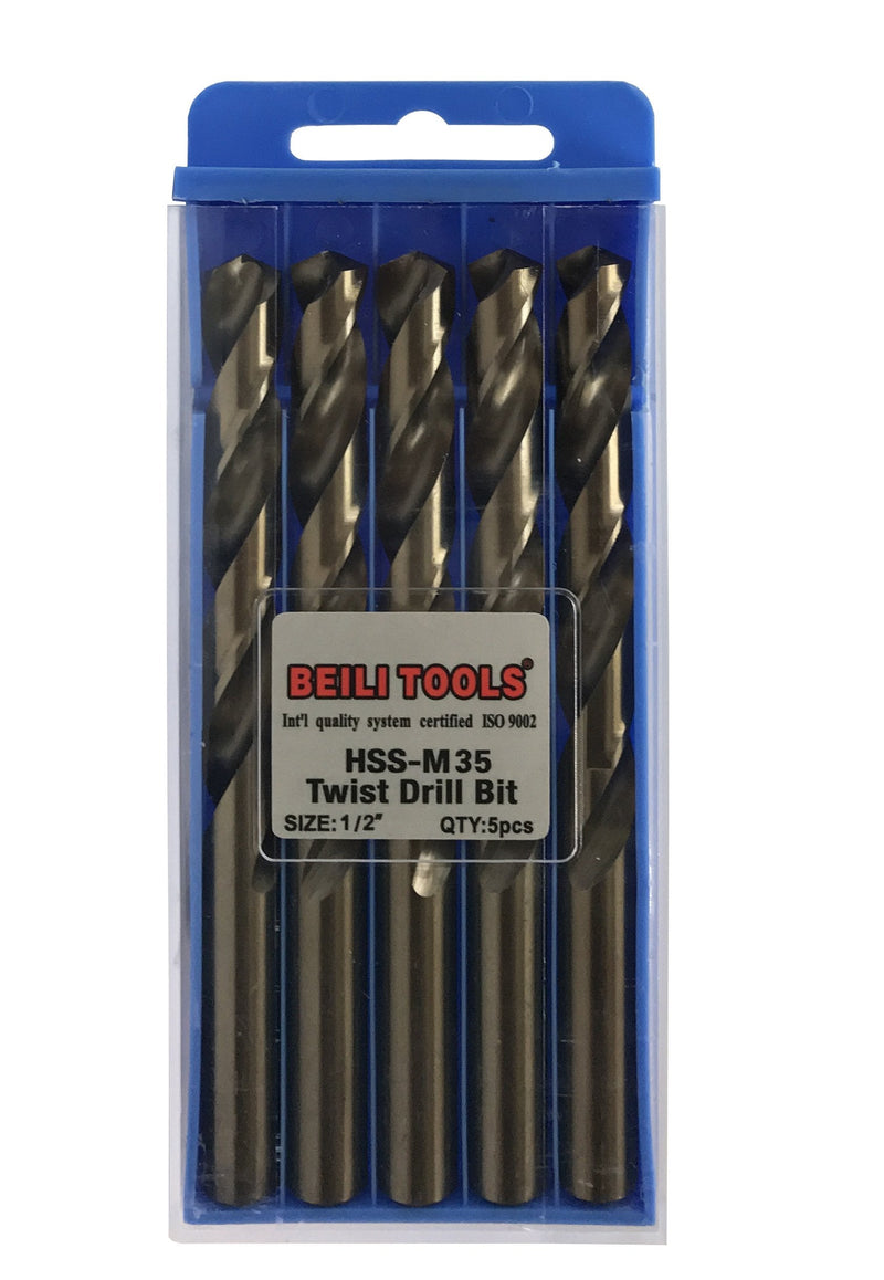 BEILI Tools HSS M35 Cobalt Twist Drill Bits, Pack of 5 (12.7mm, 1/2") 12.7mm(1/2")