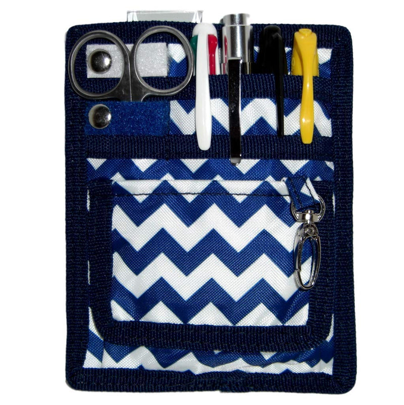 6 Piece Protective Lab Coat Pocket Organizer Kit has Fashionable Blue Chevron Pattern. 6 Pockets Packed With Needed Accessories Blue White