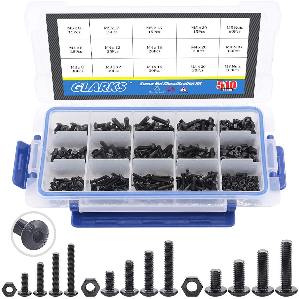 Glarks 510Pcs M3 M4 M5 Alloy Steel Button Head Socket Cap Bolts Screws with Nuts Assortment Kit, Black Oxide Finish(Button Head) Hex Button Head Cap Screws Set