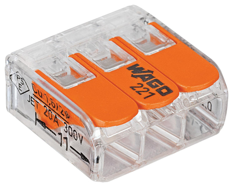 [Australia - AusPower] - WAGO 221-413/VE00-2500 221 Series 3 Conductor AWG 24 – 12 Transparent Body Connector w/Levers - 50 item(s) 