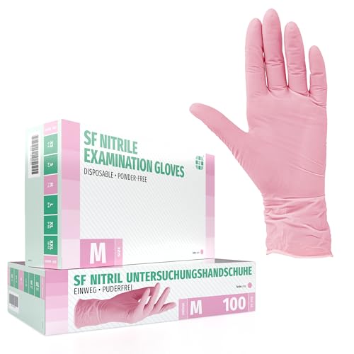 SF Nitrile Gloves M Pink - Pack of 100 Disposable Gloves, Latex-Free | Powder-free disposable gloves for tattoos, workshops, kitchens, cleaning and household use; versatile for commercial and everyday use