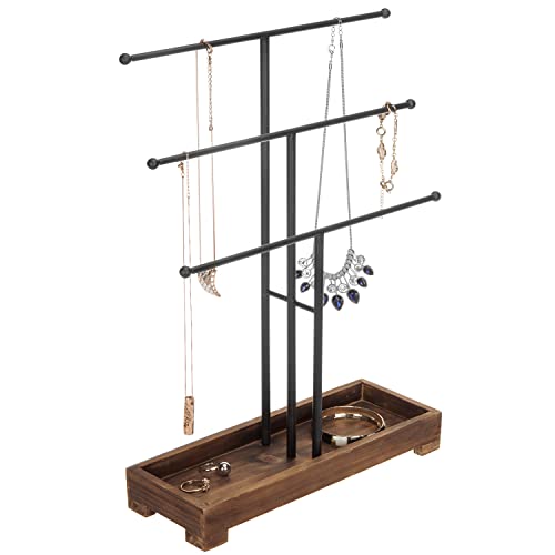 MyGift 3-Tier Black Metal T-Bar Jewelry Organizer Stand, Necklace and Bracelet Hanging Display with Brown Wood Ring Tray Black / Brown