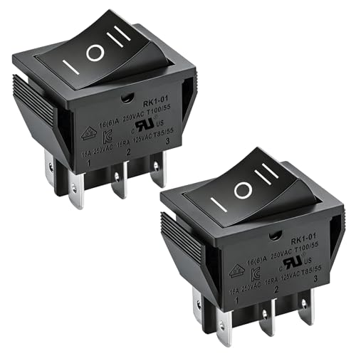 Heschen Rocker Switch ON-OFF-ON Switch DPDT 6 Terminals 16 A 250 Vac Black Pack of 2