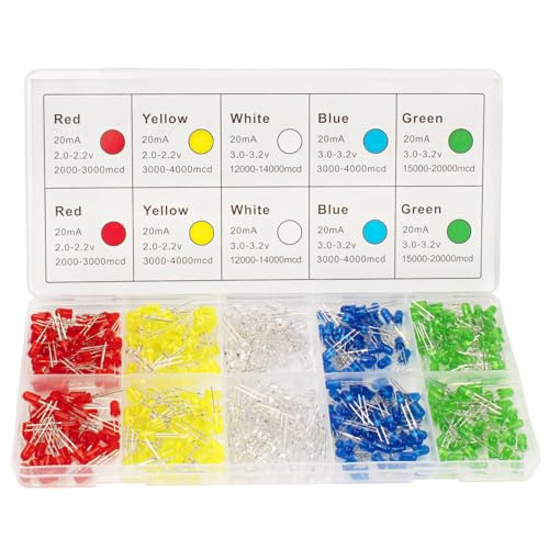 DiCUNO 5 mm LEDs, Round Head LED Diodes Set | LED Diodes Assortment, for Handmade, White, Yellow, Red, Blue, Green, 2 Pin, DIY Projects, Model Making, Lighting Projects 5 x 90 pieces