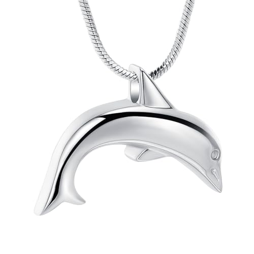 Minicremation Dolphin Shape Cremation Jewelry Necklace for Ashes Stainless Steel Ashes Holder Memorial Jewelry Keepsake Urn Pendant +fill kit Silver