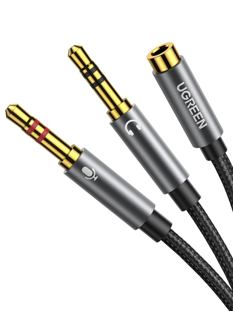 [Australia - AusPower] - UGREEN Headphone Splitter for Computer 3.5mm Female to 2 Dual 3.5mm Male Braided Audio Splitter Cable Microphone Stereo Jack Earphones Port Cord Gaming Headset to PC Laptop Adapter Black 
