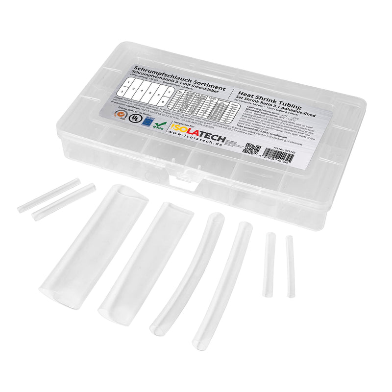 142-piece set 3:1 with adhesive heat shrink tubing assortment Set with total length of 8.3 m. Waterproof thanks to hot glue layer on the inside. By Isolatech., transparent | Unlabeled, 8.3 m total length, in a practical assortment box, hot glue layer f...