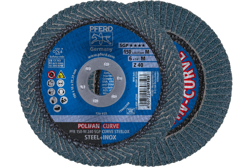 [Australia - AusPower] - PFERD POLIFAN®-Curve Radial Type Flap Disc - 6" x 7/8", 40 Grit Zirconia, Welding Accessory and Angle Grinder Attachment - for Steel and Stainless Steel (INOX) Grinding - Pack of 1 - Part 67200 Very Coarse 6" x 7/8" Medium 