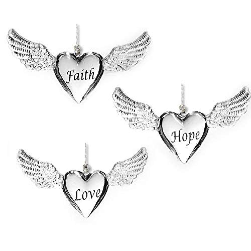 Faith Hope Love Angel Wings Ornaments Set of 3 – Heart Shaped Inspirational Hanging Décor – Christmas Tree Ornaments or Year-Round Memorial & Spiritual Home Decor – 4 Inch Keepsake Gifts