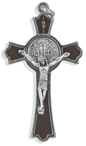 Venerare 2" Saint Benedict Cross Pendant with Colored Enamel Silver-Brown