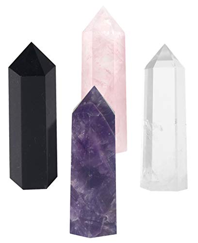 Luckeeper Healing Crystal Wands,2" Amethyst Crystal, Rose Quartz,Clear Quartz and Black Obsidian，6 Faceted Reiki Chakra Stones 4 pcs 2" Tall