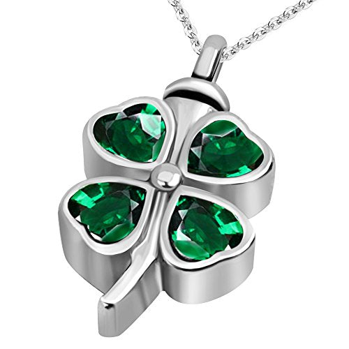 JMQJewelry Clover Urn Necklaces for Ashes Birthstone Cremation Memorial Green