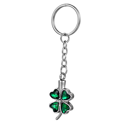 Memorial Keychain Crystal Four Leaf Clover Stainless Steel Urn for Ashes Cremation Pendant