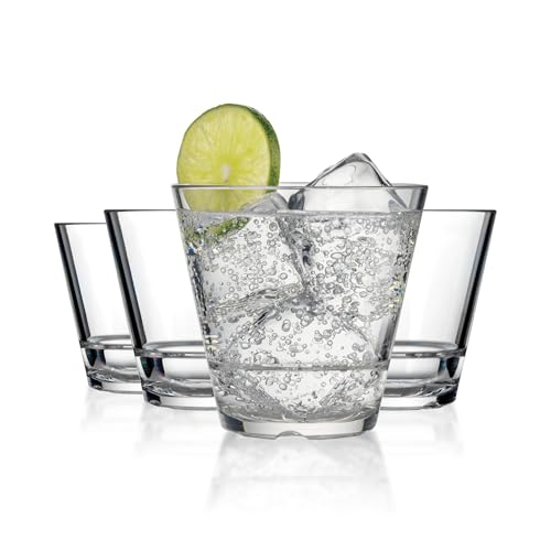 Drinique Unbreakable 9.5 Oz Whiskey Glasses - Set of 4, Tritan Plastic Shatterproof Old Fashioned Cocktail Glasses, Stackable Bourbon Glass, BPA-Free, Dishwasher Safe Rocks Glass, Made in USA 4 Count (Pack of 1) Clear