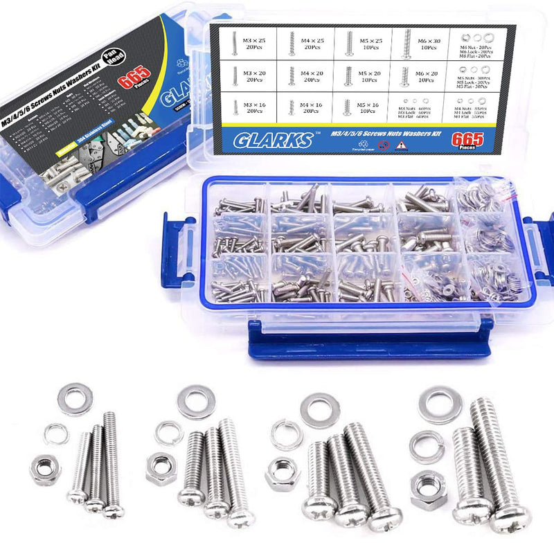 [Australia - AusPower] - Glarks 665Pcs M3 M4 M5 M6 Stainless Steel Phillips Pan Head Screws Bolts Nuts and Flat Gasket Spring Washers Assortment Kit 