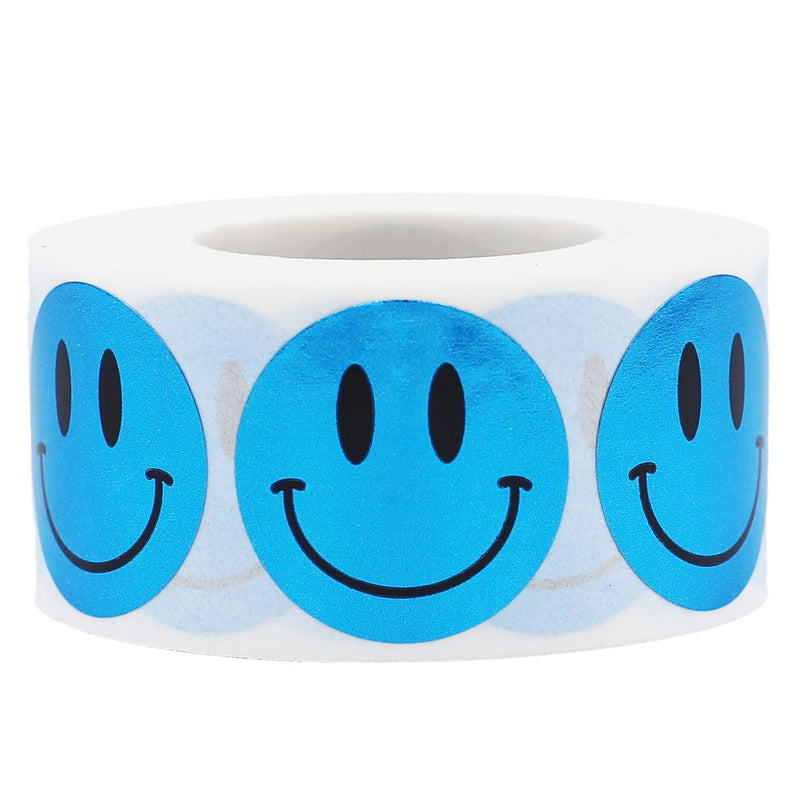 Metallic Blue Happy Face Stickers – 1 Inch Round Smile Labels, 500 Total Adhesive Stickers Per Roll on Metallic Plastic for Rewards, Motivation, Crafts, and Parties – Made in the USA Metallic Blue