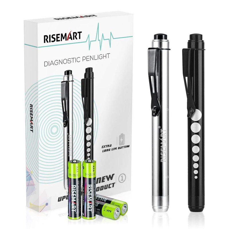 [Australia - AusPower] - RISEMART Pen Light, Nurse Led Medical Penlight with Pupil Gauge for Nursing Students Doctors Black and Silver with Batteries 